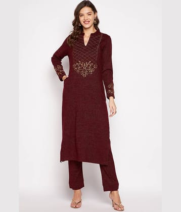 zigo Woollen Embroidered Kurti With Palazzo Women's Stitched Salwar Suit - Maroon ( Pack of 1 )
