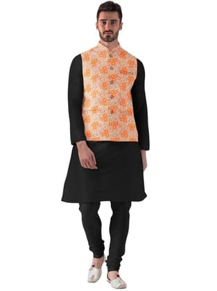 Men's Jacquard Printed Full Sleeve Waistcoat (Orange, 40)-PID53483