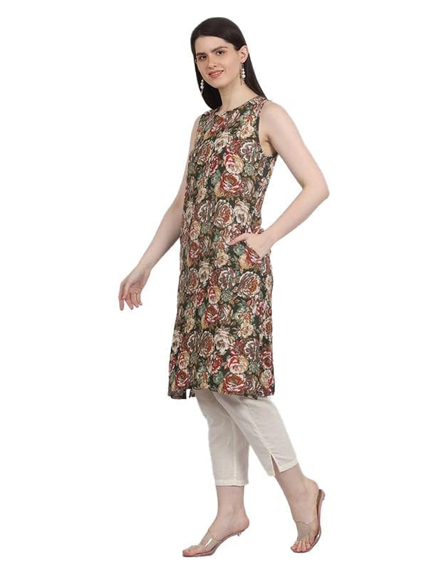 Women's Casual Sleeveless Viscose Rayon Printed Kurti (Green, L)-PID46395