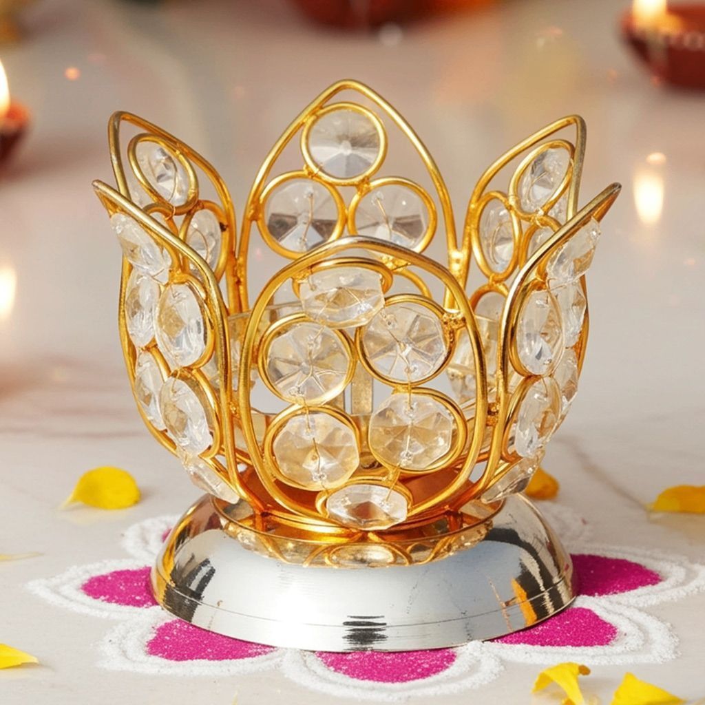 Brass Table Decor Oil Lamp Deepak With Crystal  - Traditional Oil Lamp for Puja Room, Height : 3.2 Inch (ZMAS163 B)