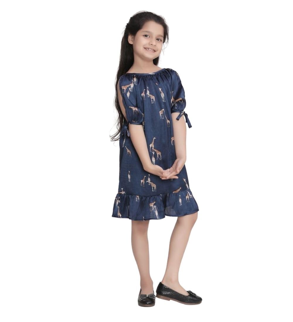 Girl's Satin Animal Print Sleeveless Dress (Blue, 4-5-Yrs)-PID66019
