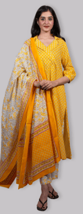 Rekha fashion_stylish Cotton yellow printed fashionable kurta set with dupatta Rekha fashion_stylish Cotton yellow printed fashionable kurta set with dupatta