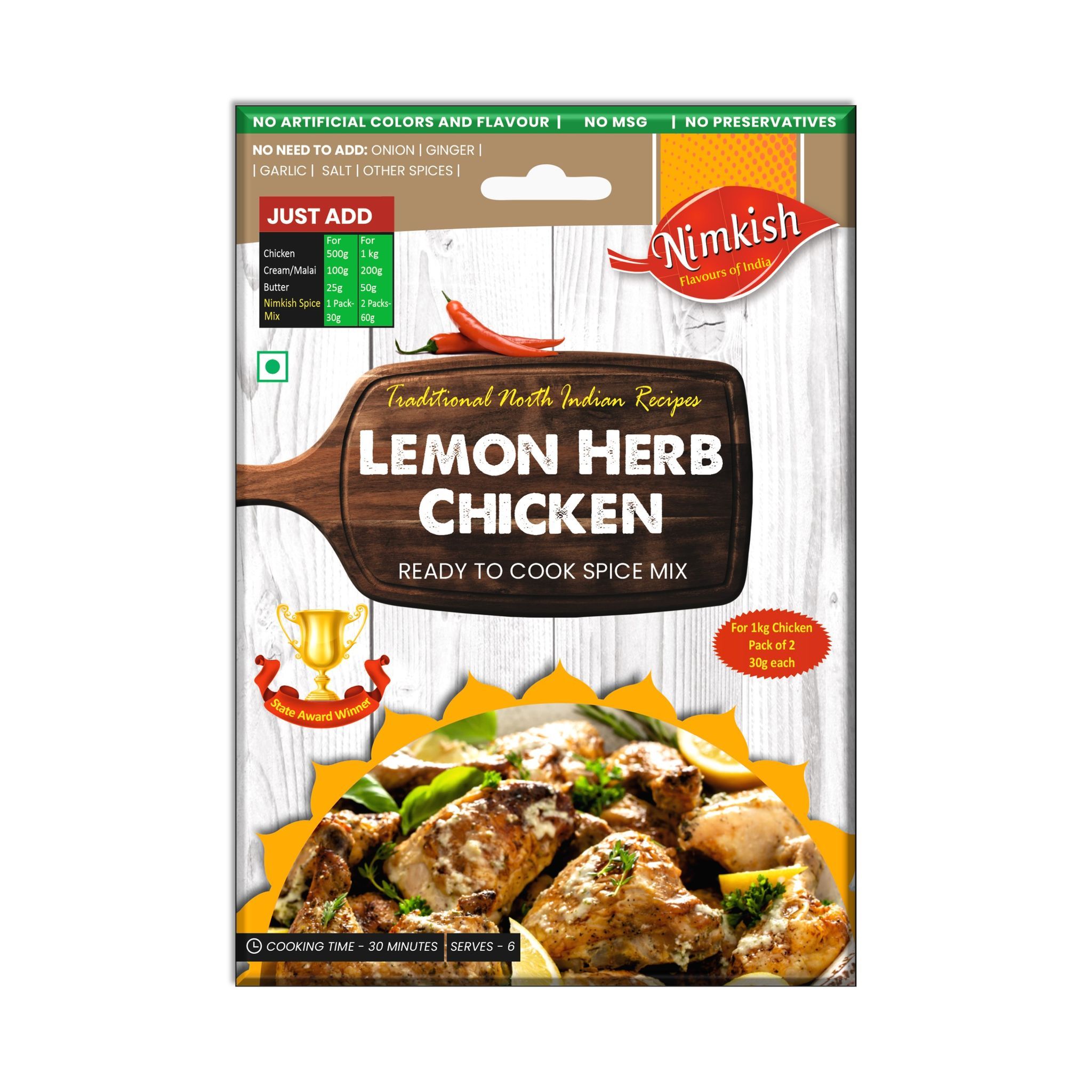 Nimkish Lemon Herb Chicken Ready to Cook Spice Mix | 60g | Onion Ginger Garlic Already in Mix | Himalayan Recipe
