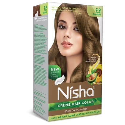 Nisha Creme Hair Color 7.0 Dark Blonde 120g, Permanent Hair Colour with Henna Extract, 100% Grey Coverage