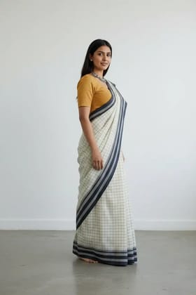 Handwoven Ilkal Saree in White Checks with Striped Borders Handwoven Ilkal Saree in White Checks with Striped Borders