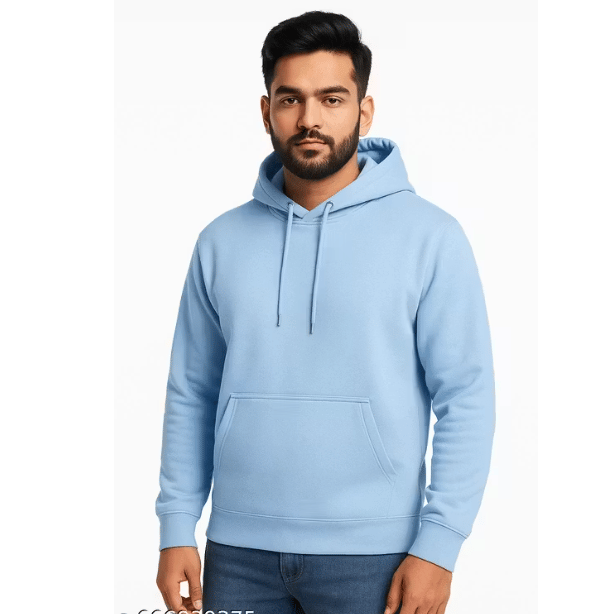Mens Premium Sky Blue Fleece Hoodie | Winter Warm Hooded Sweatshirt for Men | Soft Cotton Blend | Regular Fit Casual Wear