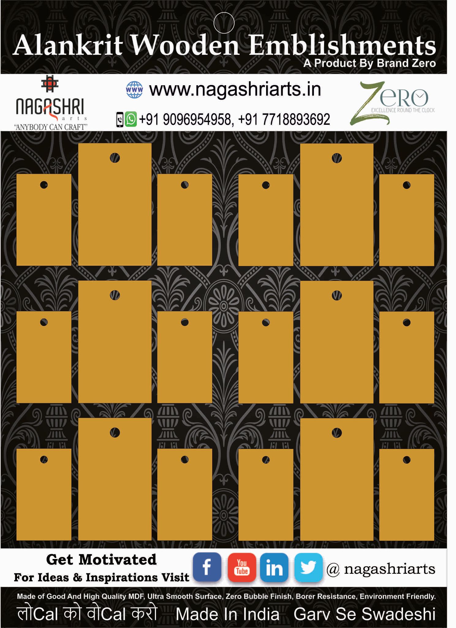 Brand Zero MDF Rectangel Shape Pendant And Earrings Jewelry Base - Six Sets of Pack of 3 Pcs