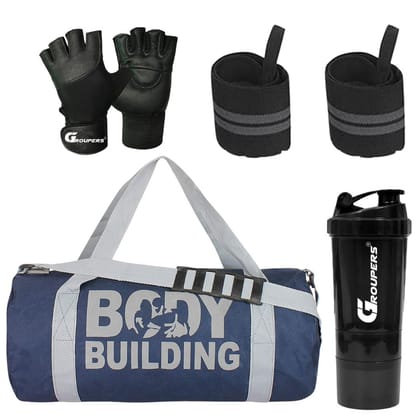 GROUPERS Duffle Canvas Bag with Shaker Bottle-500ml & GloveslSports & Travel BaglSports Kitl (Blue) GROUPERS Duffle Canvas Bag with Shaker Bottle-500ml & GloveslSports & Travel BaglSports Kitl (Blue)