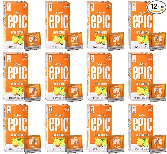 Manforce Epic Passion Extra Dotted Premium Condoms For Men With 1800 Square Dots Fruit Punch Flavour Disposable Pouch (10 Counts) Orange x pack of 12
