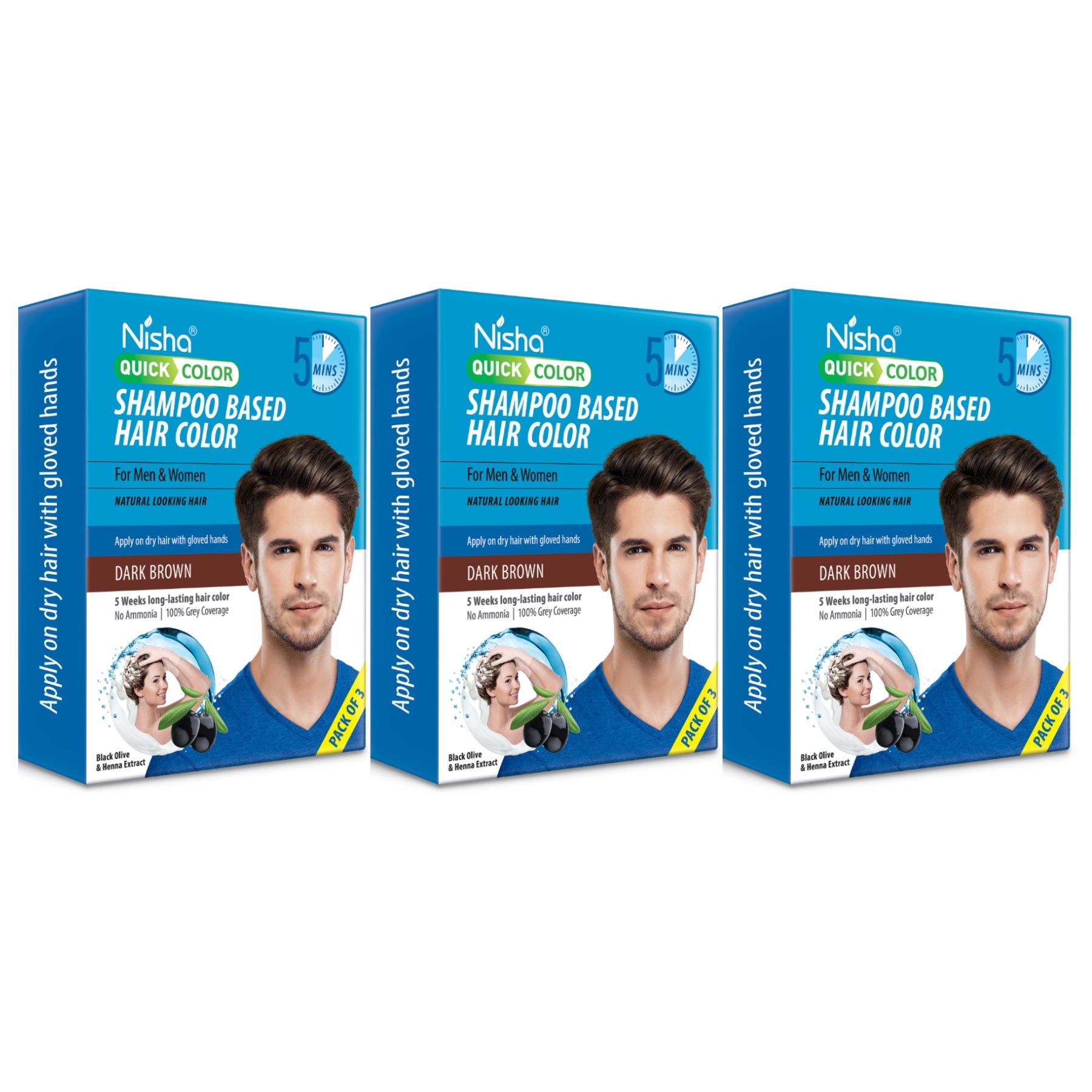 Nisha Quick Hair Color, 5 Minutes Shampoo Hair Colour Dark Brown 60ml Pack of 3, 5 Weeks Long Lasting Hair Colour Shampoo