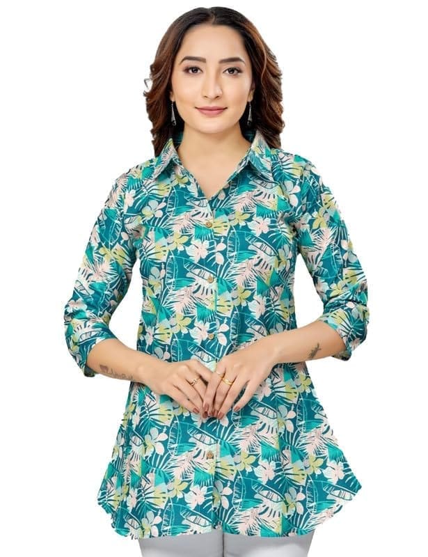 Women's Cotton Blend Collared Neck 3/4 Sleeves Short Top (Green, M)-PID56240