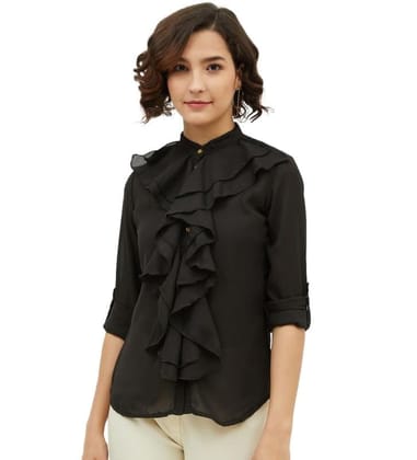 Women's Polyester Ruffled Long Sleeves Standard Length Shirt (Black, S)-PID55838