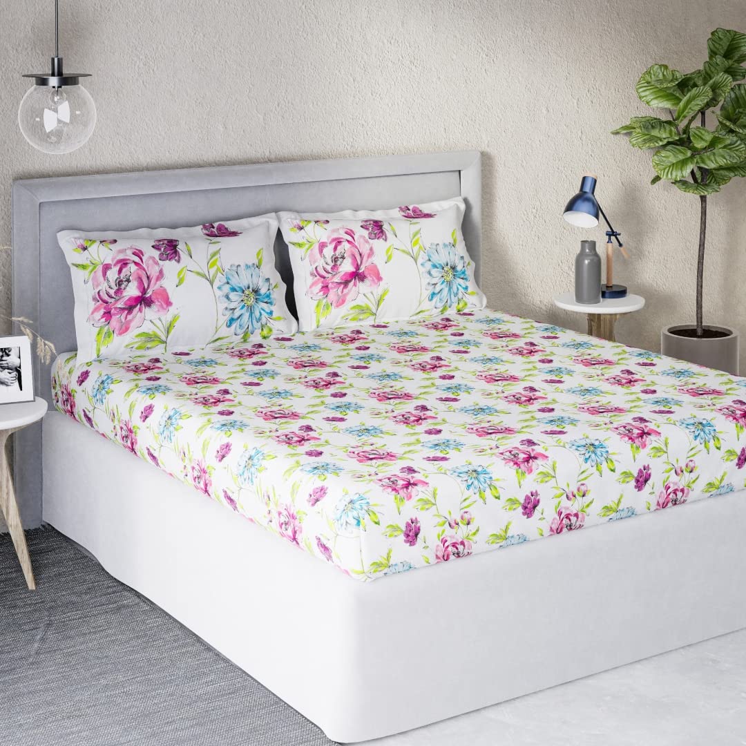DDECOR - Sigma Collection 100% Cotton Floral Pattern 136TC Queen Bedsheet |224 CM X 254 CM| with 2 Pillow Covers - Pink