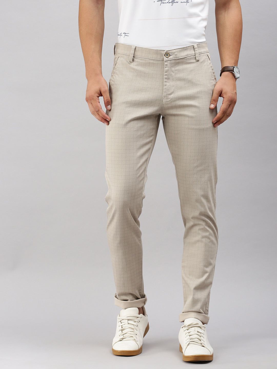Classic Polo Men's Beige Slim Fit Checked Casual Trouser | TP2-CL 05 A-BEG-MF-LY