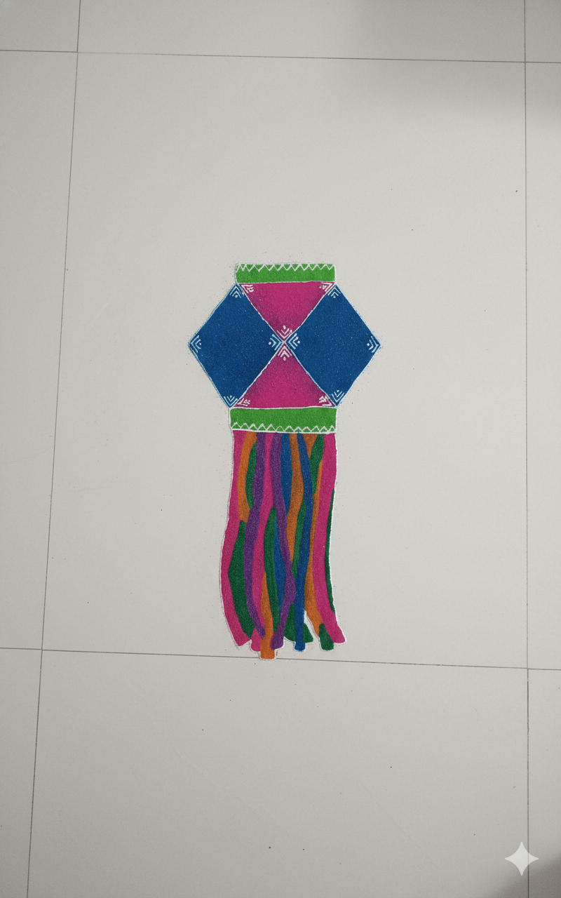 Madhura’s Creations Kite Rangoli Patch on Plastic Sheet | Multicolour Traditional Design | Real Rangoli Colours | Reusable | Single Piece