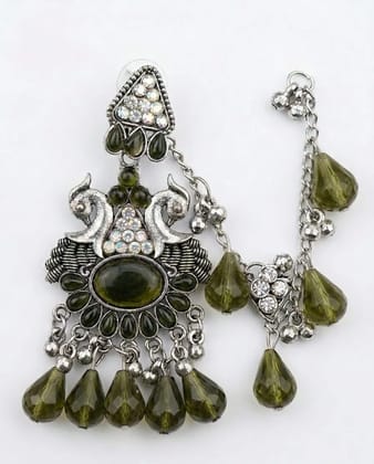 Vardaan Crystalx Exquisite oxidized silver Sahara earring featuring vibrant green crystals and intricate detailing, perfect for every women.