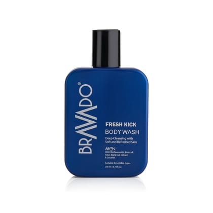 BRAVADO Fresh Kick Body Wash | Deep Cleansing & Moisturizing with Broccoli & Aloe | for Detan, Acne-Prone Skin | Pore Tightening & Refreshing | Shower Gel, Exfoliating Body Wash, Foamy Lather | 200ml