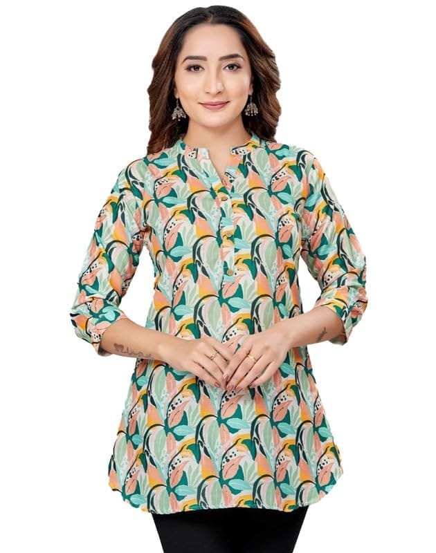 Women's Cotton Blend Mandarin Collar 3/4 Sleeves Short Top (Cream, M)-PID56242