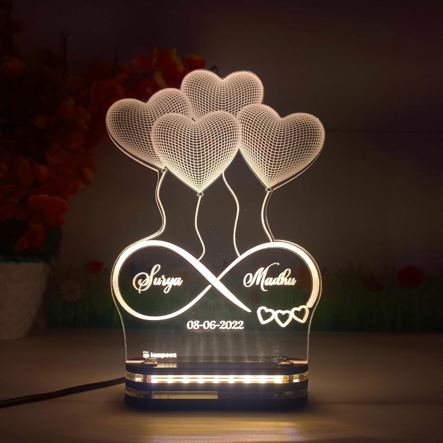 Personalized 3D Illusion LED Table Lamp | Heart Shape Customized Name Lamp for Couple Gift Anniversary, Wedding, Marriage, Valentine Day (Warm White)