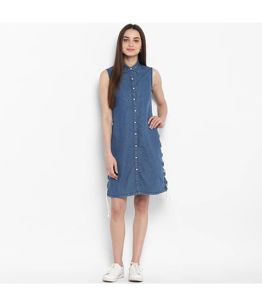 StyleStone Women Denim Fit & Flare Dress ( Blue )