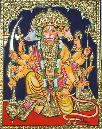 Panchamukha Aanjaneyar Tanjore painting By Authentic Handcrafting Method (Size 30x24)