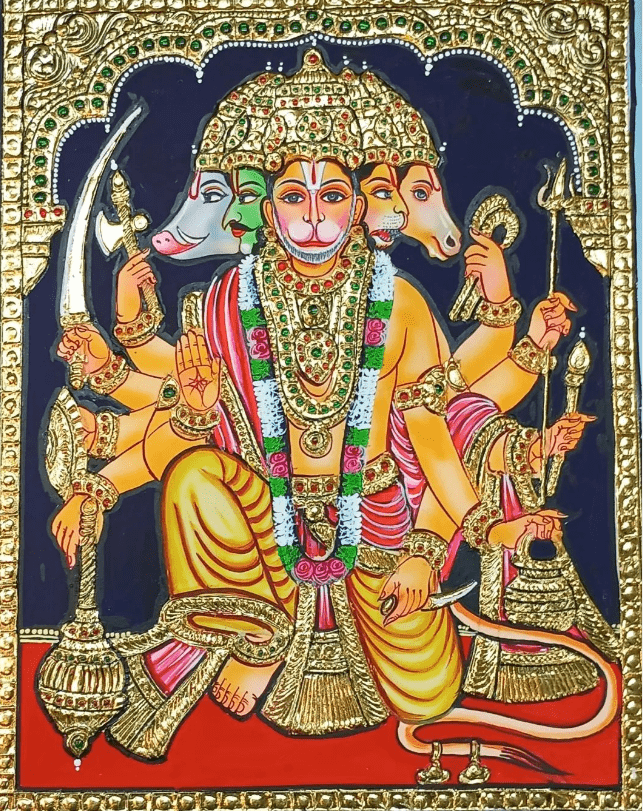 Panchamukha Aanjaneyar Tanjore painting By Authentic Handcrafting Method (Size 30x24)