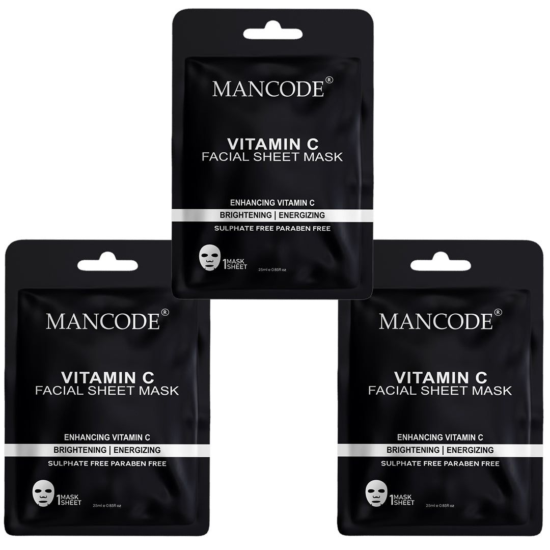 Mancode Vitamin C Facial Sheet Mask Pack of 3 | Brightening, Hydrating & Skin Glow Boosting Face Masks