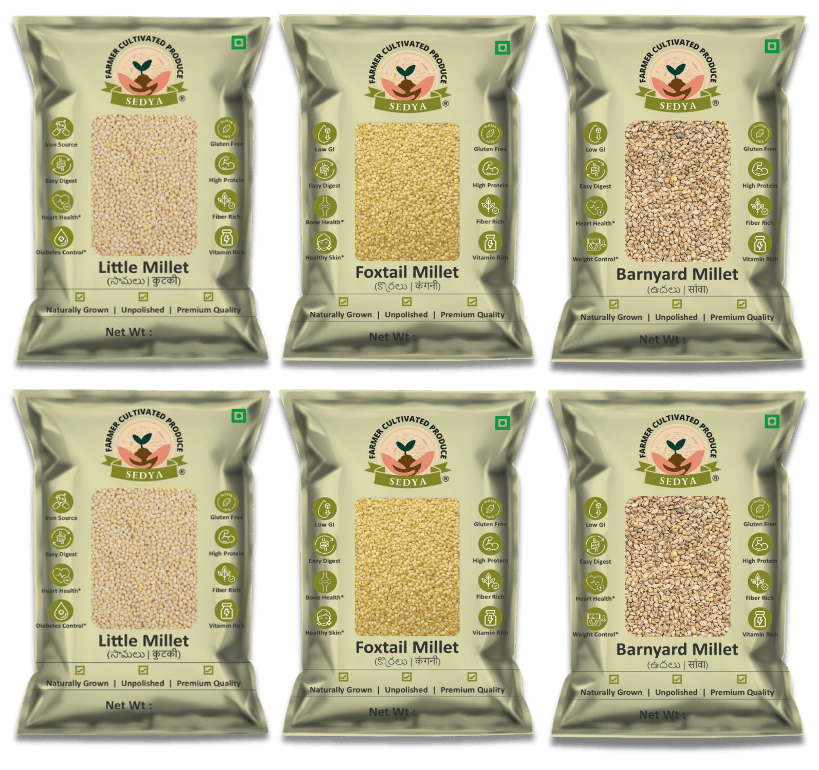 Sedya Millets 3 KG Combo Pack | Little, Foxtail, Barnyard Millet | 6 x 500g Packs | Naturally Grown, Unpolished & Premium Quality