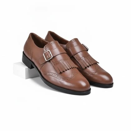 Tan Leather Monk Strap Brogue Shoes with Fringe Detail