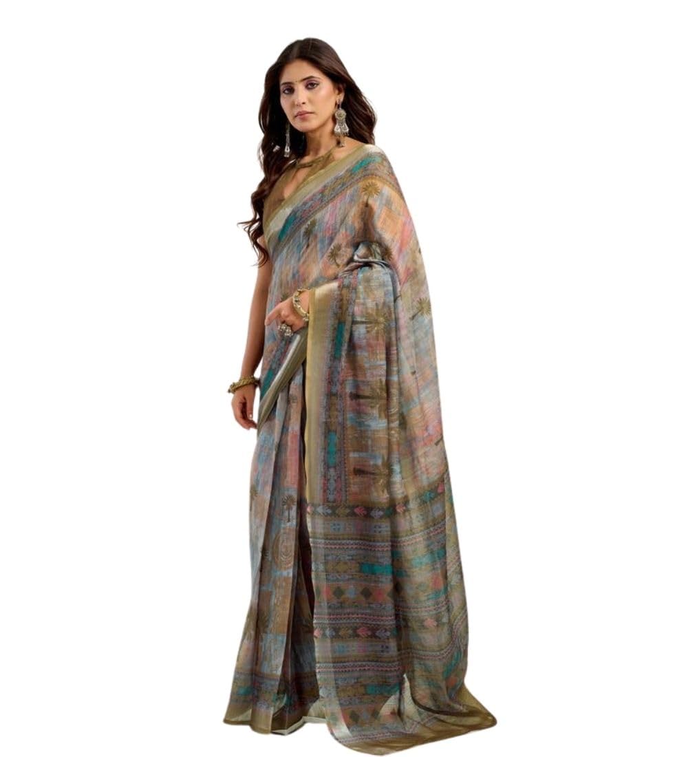 Women's Faux Linen Printed Ready to wear Saree With Unstitched Blouse 5.5Mtr (Multicolor)-PID65875