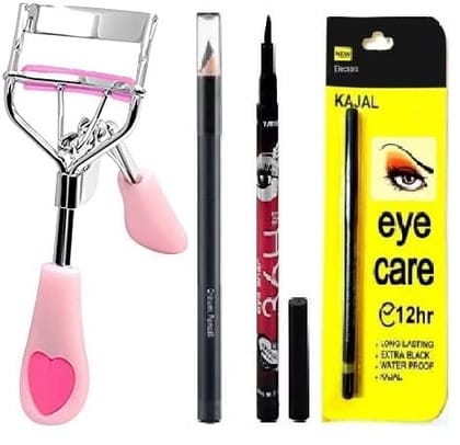Elecsera Eyelash Curler & Beauty Kajal & 36H Deep Black Liquid Eyeliner Professional Set of 4 Makeup (4 Items in the set)