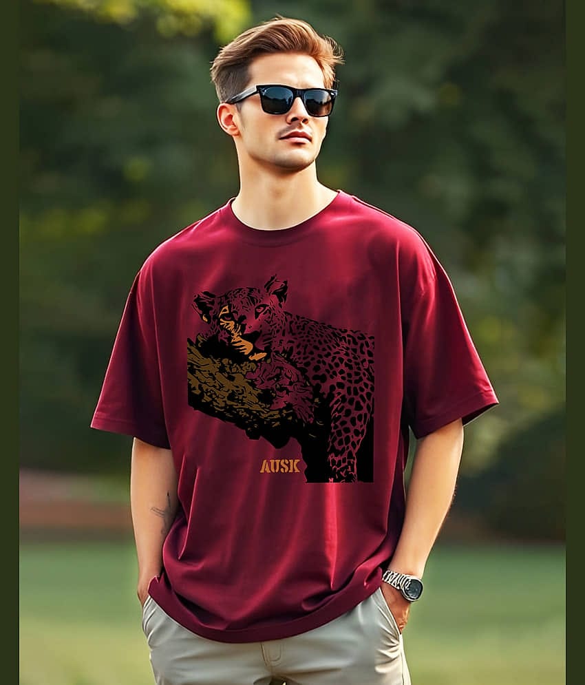 AUSK Cotton Oversized Fit Printed Half Sleeves Men's Round T-Shirt - Maroon ( Pack of 1 )