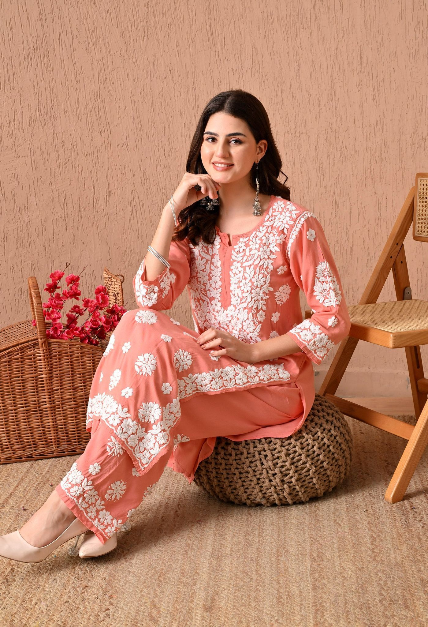 Hand Embroidered Chikankari Plazo Set 3d Work- Peach