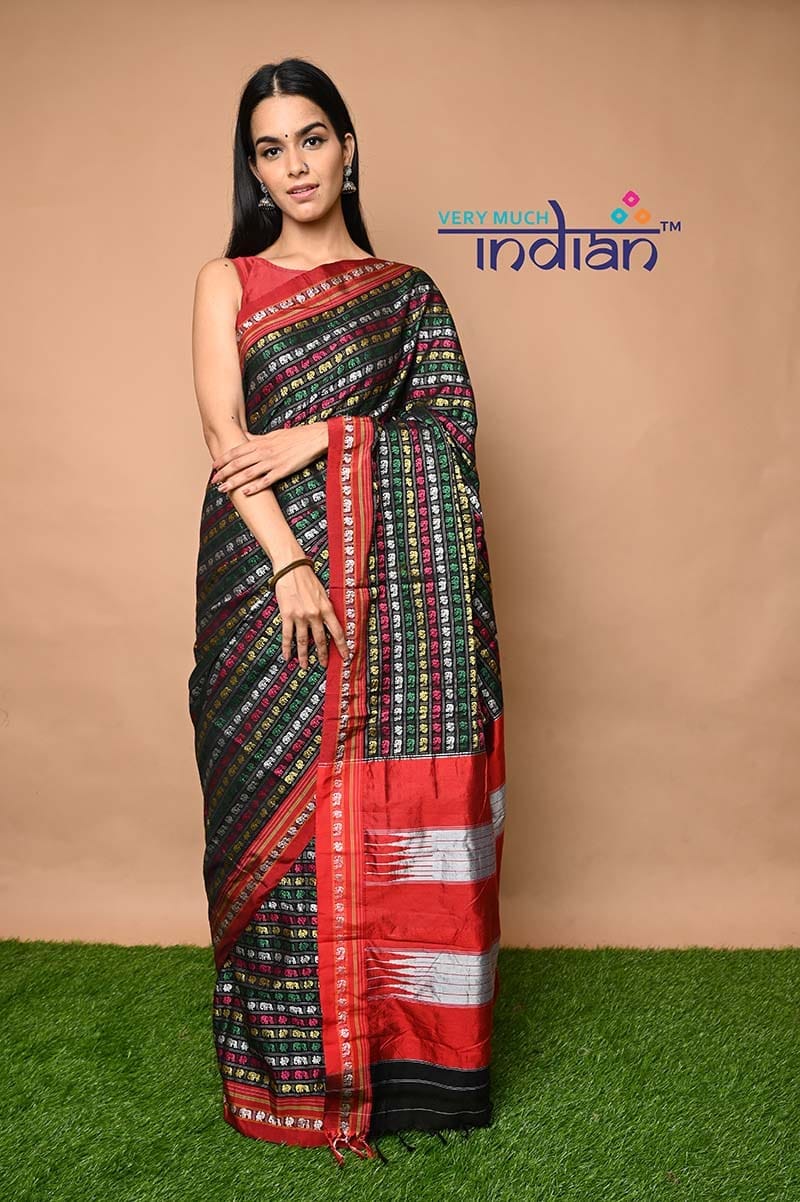 Traditional Khun Saree with Ilkal Pallu - Cotton Silk Ilkal Handloom, Multicolour with Red Border