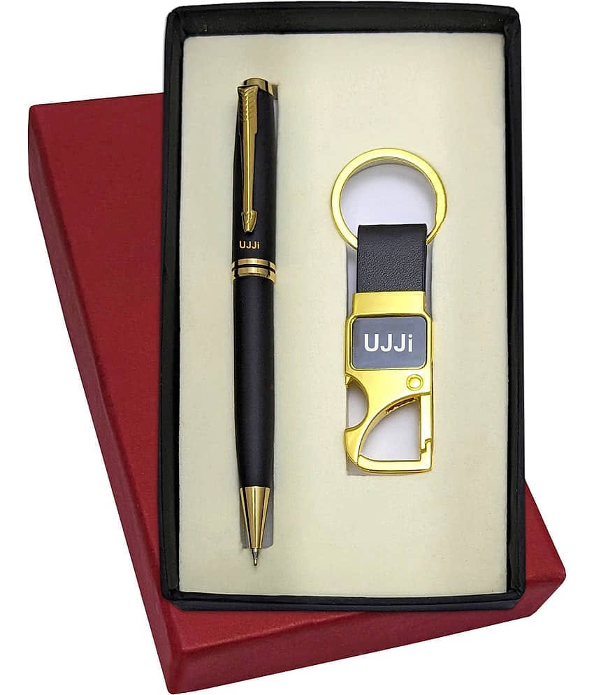 UJJi Brass Body Black Colour Pen & Metal Hook Keychain