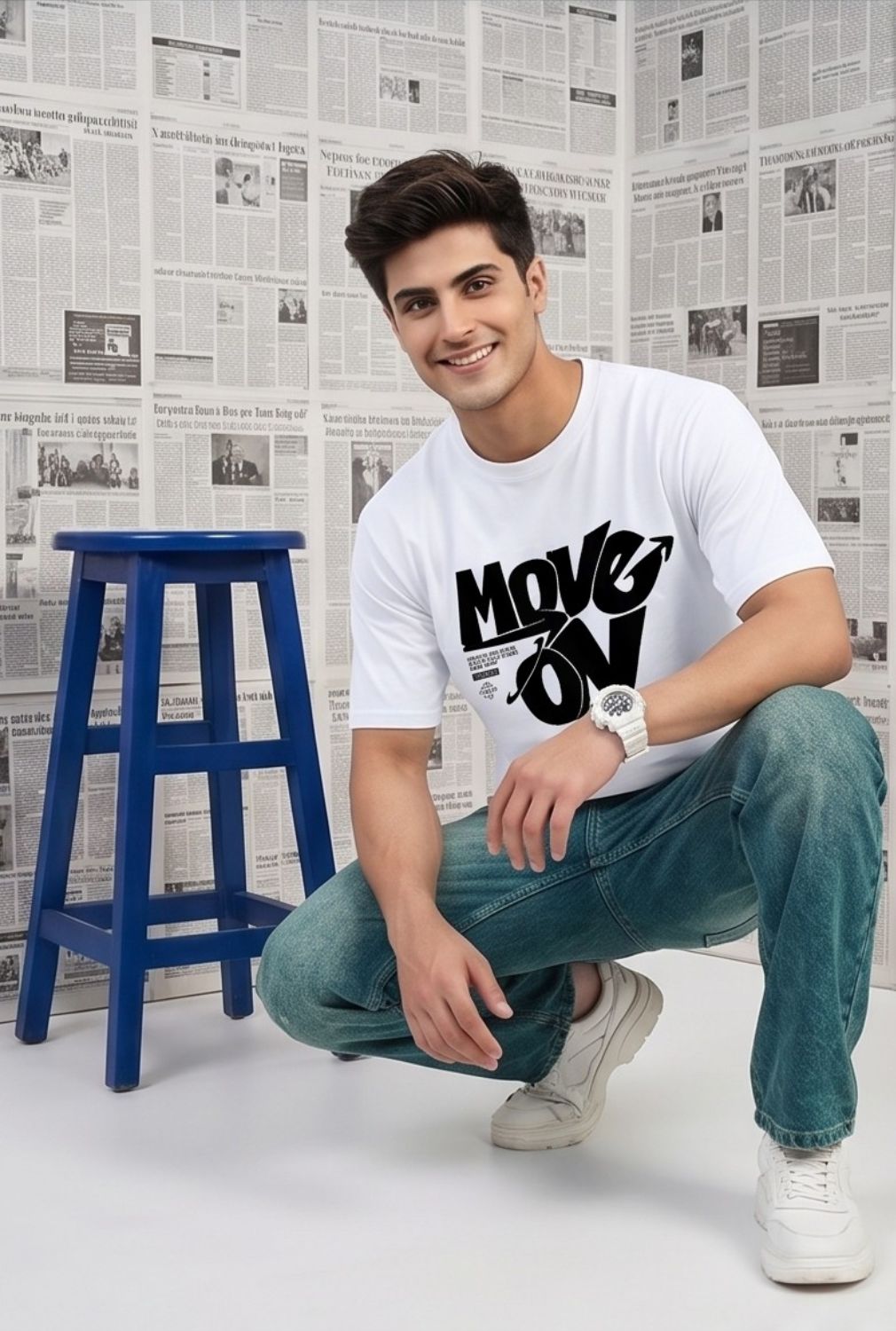 Hue Nox Men's White Move On Graphic Regular Fit T-Shirt