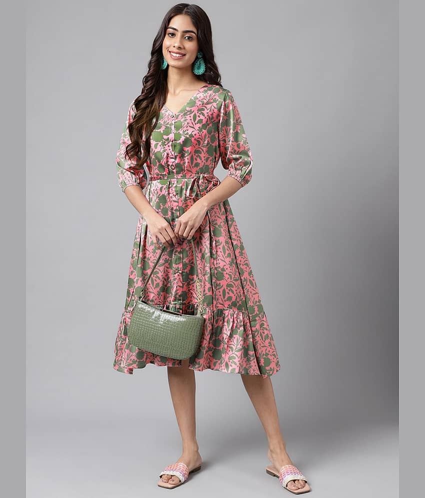 Janasya Women Satin Printed Fit & Flare Dress ( Pink )