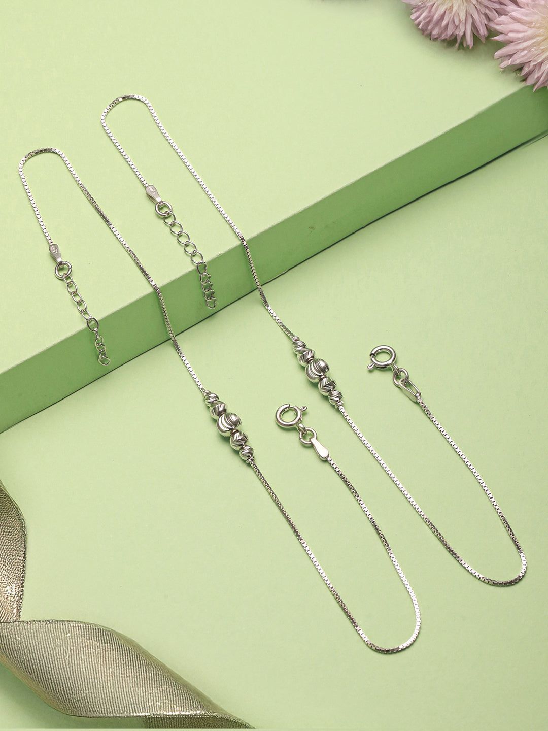 925 Sterling Silver Ball chain Minimal Dailywear Pair Of Anklet
