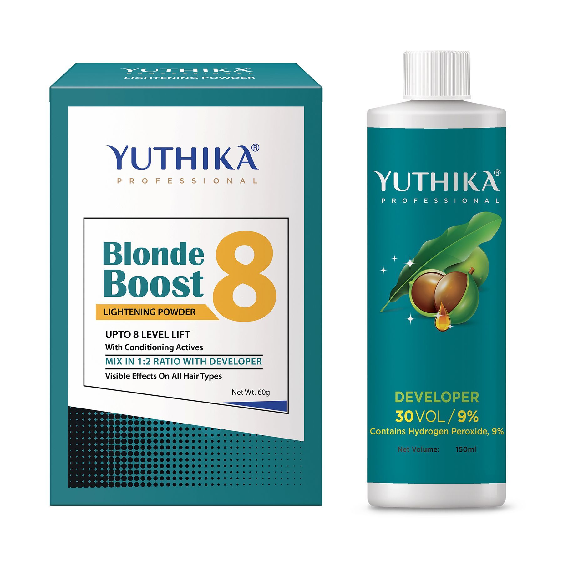 Yuthika Professional Blonder Powder 60g with Hair Color Developer 30 Volume (9%) 150ml