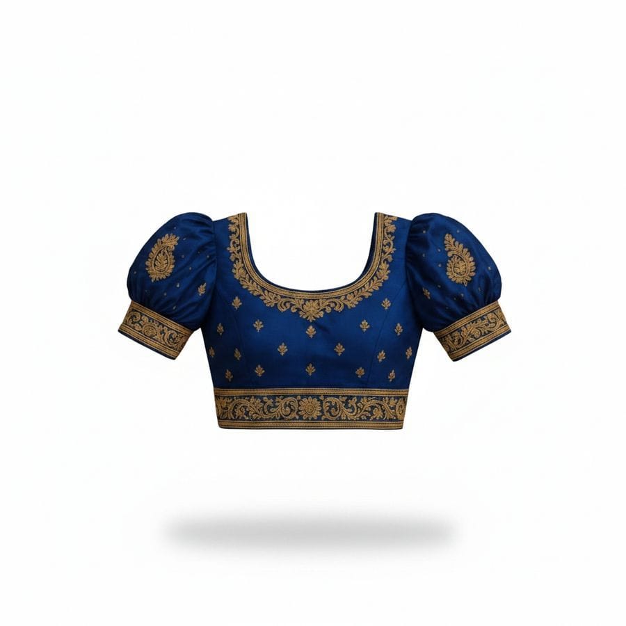 Women's Embroidered Blue Puff Sleeve Blouse