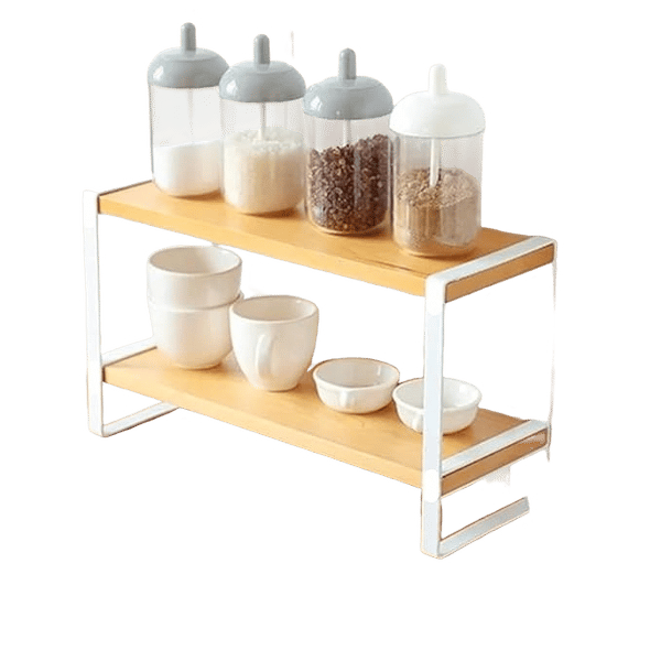 Decorlay Metal & Wooden Spice Rack Organizer Space Saver Counter-top Storage for Kitchen, Bathroom, Office, and Cosmetics (White + Beech, Two - Tier)_assorted colour