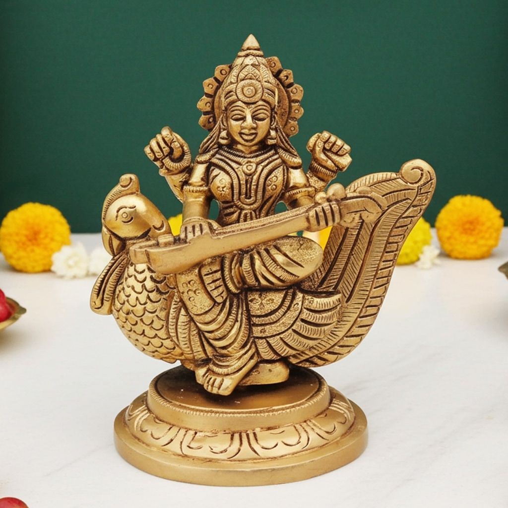 Brass Saraswati on Peacock God Idol - Premium Sculpture, Height : 4.5 Inch (BSMAS1637 S)