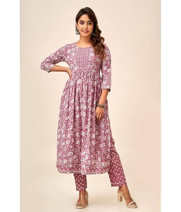 NeshamaKurti Cotton Printed Flared Women's Kurti - Pink ( Pack of 1 )
