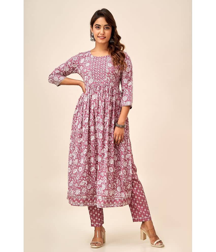 NeshamaKurti Cotton Printed Flared Women's Kurti - Pink ( Pack of 1 )