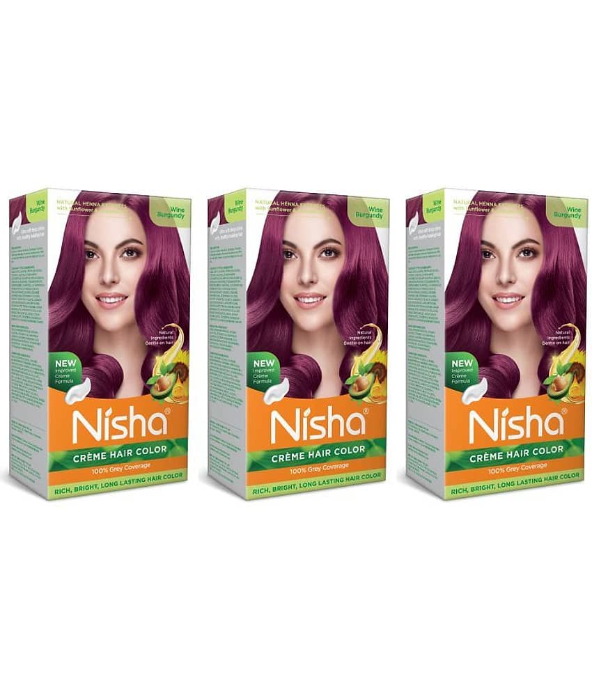 Nisha Creme Hair Color Wine Burgundy 120g Pack of 3, Permanent Hair Colour, 100% Grey Coverage, Long Lasting Hair Colour