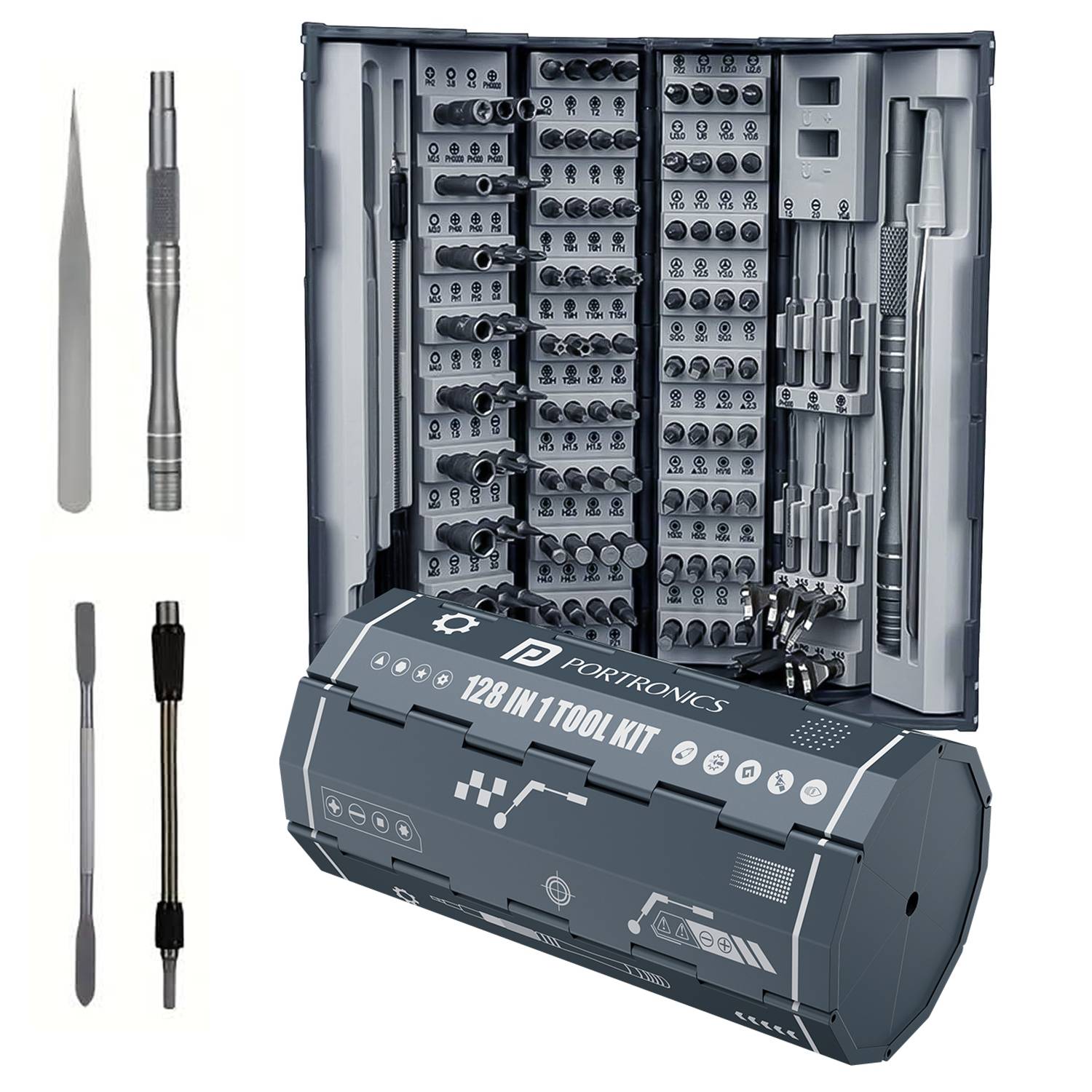 Portronics Bit Box 2 Non-Slip Handle, 360 Degree Rotating Cap, Magnetic Absorption, Flexible Extension, 128-in-1 Tool Kit