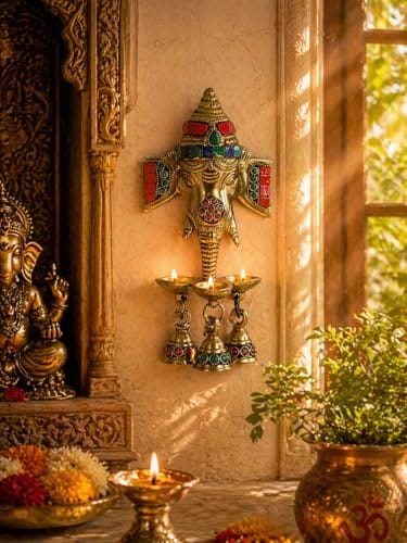 Two Moustaches Gemstone Work Brass Ganesha Wall Hanging Diya with Bells for Home Decor, Brass Hanging Diyas Oil