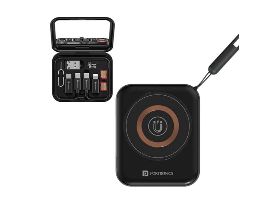 Portronics Smartpod 15W Wireless Charging, Multifunctional Cable Kit, 5 in 1 Cleaning Kit, Makeup Mirror