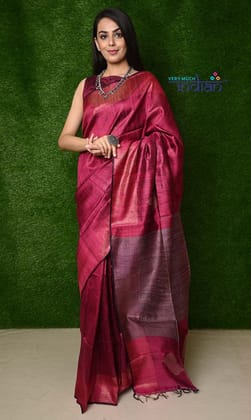 Handwoven Raw Dupion Silk - Elegant Pink with Mauve Pallu