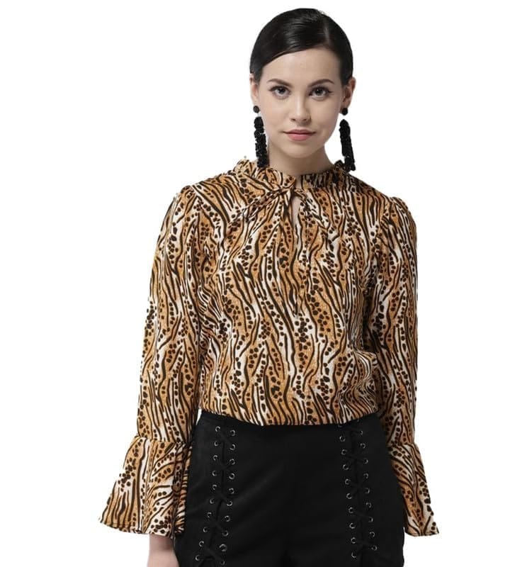 Women's Polyester Printed Bell Sleeve Top (Orange - Black, M)-PID55895